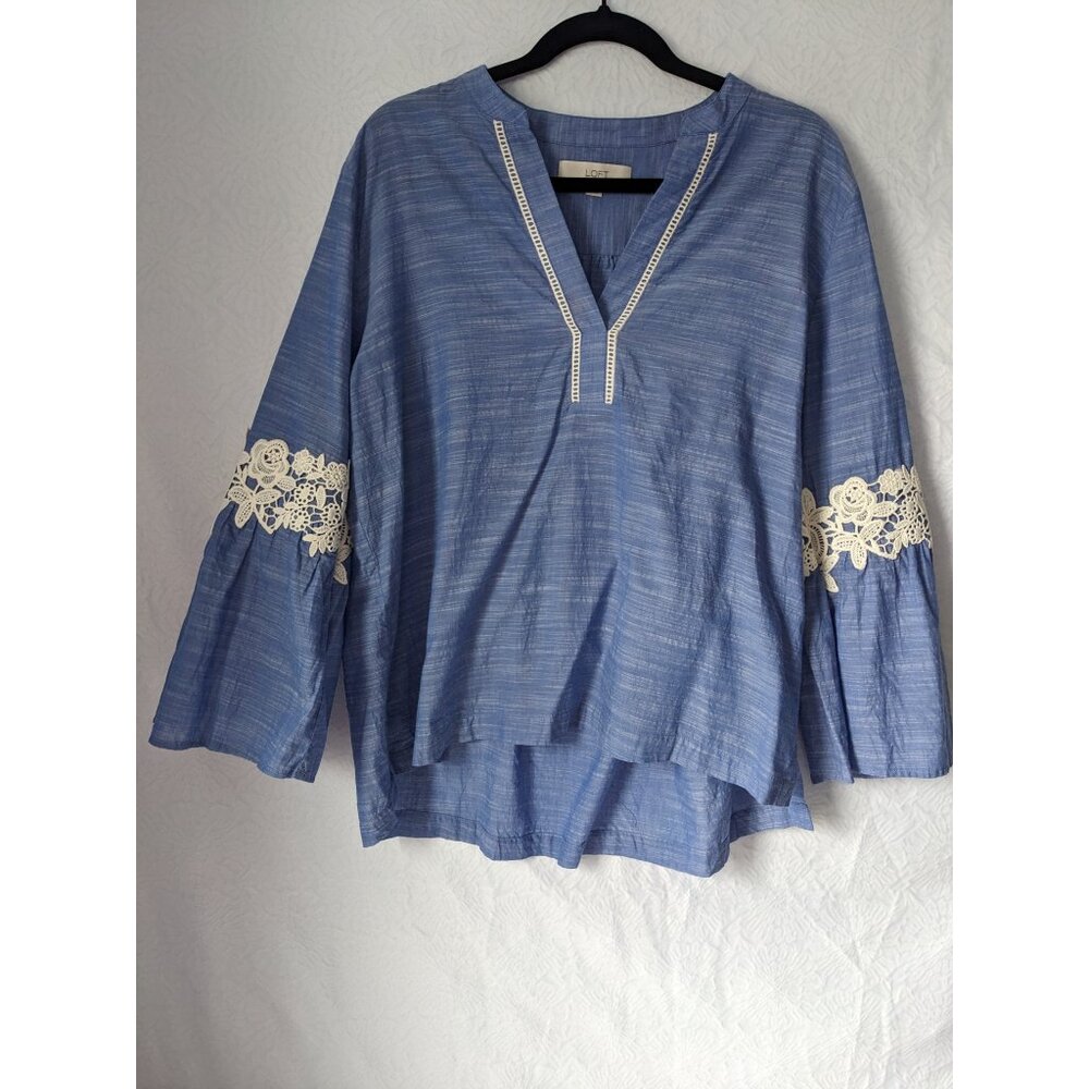 Ann Taylor Loft 100% Cotton Tunic Popover Blouse Embroidered Boho Blue Size L